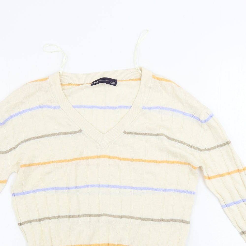 Marks and Spencer Womens Beige Striped  Henley Jumper Size S