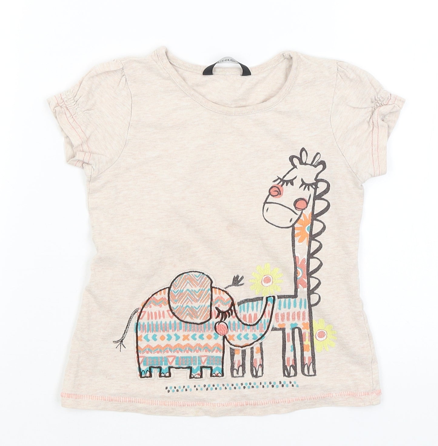 George Girls Beige   Basic T-Shirt Size 3-4 Years  - Elephant & Giraffe