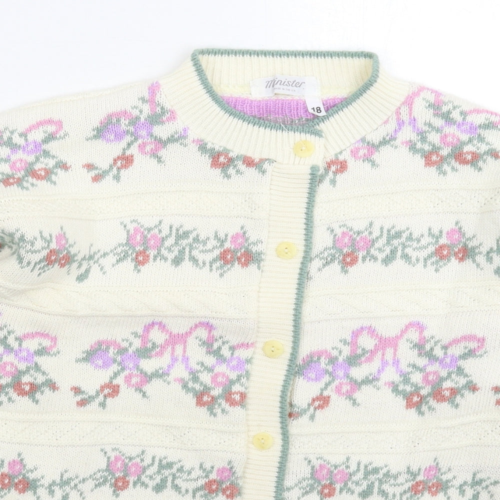 Ministers Womens White Floral Knit Cardigan Jumper Size 18