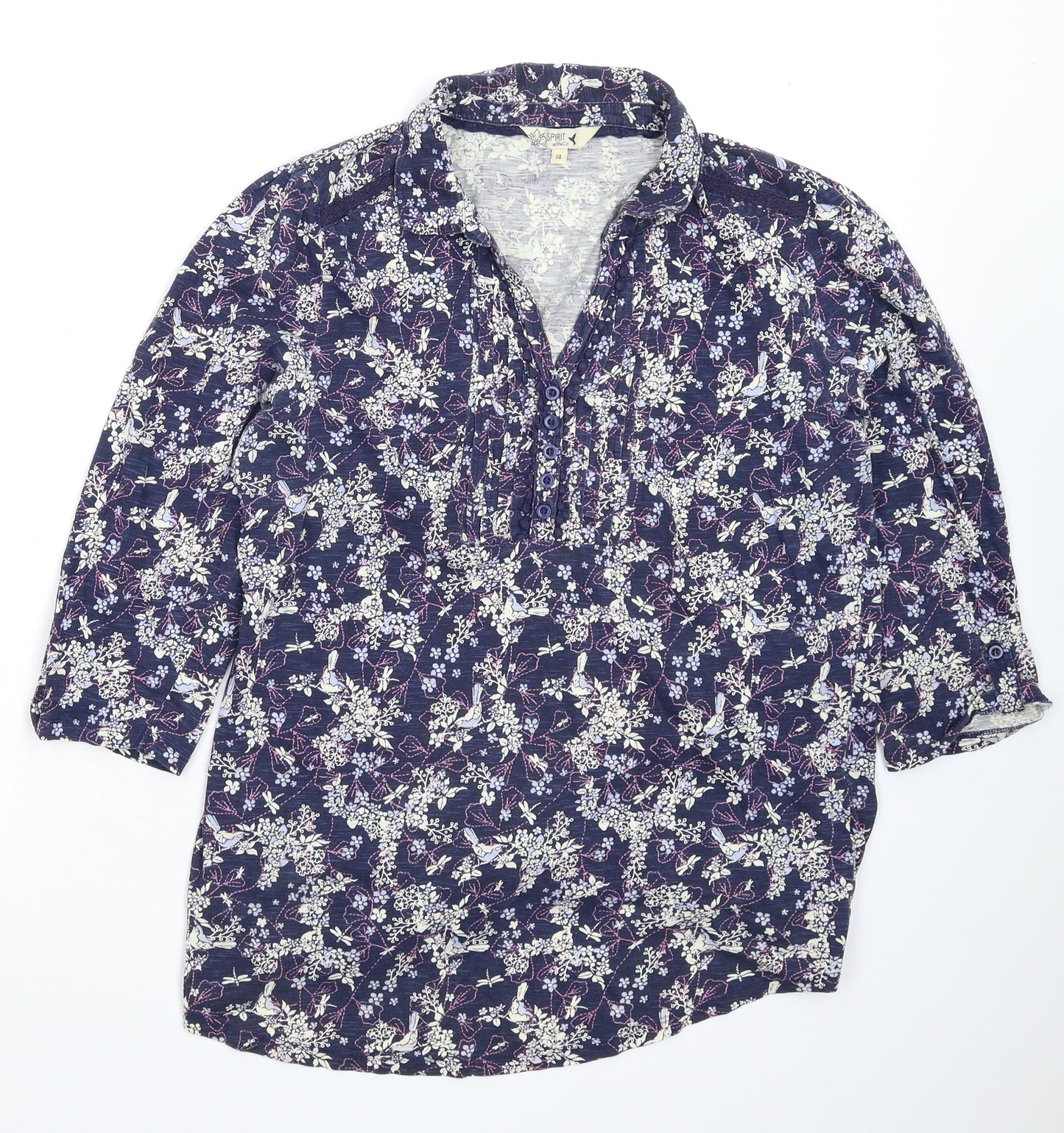 M&Co Womens Blue Floral  Basic Button-Up Size 14