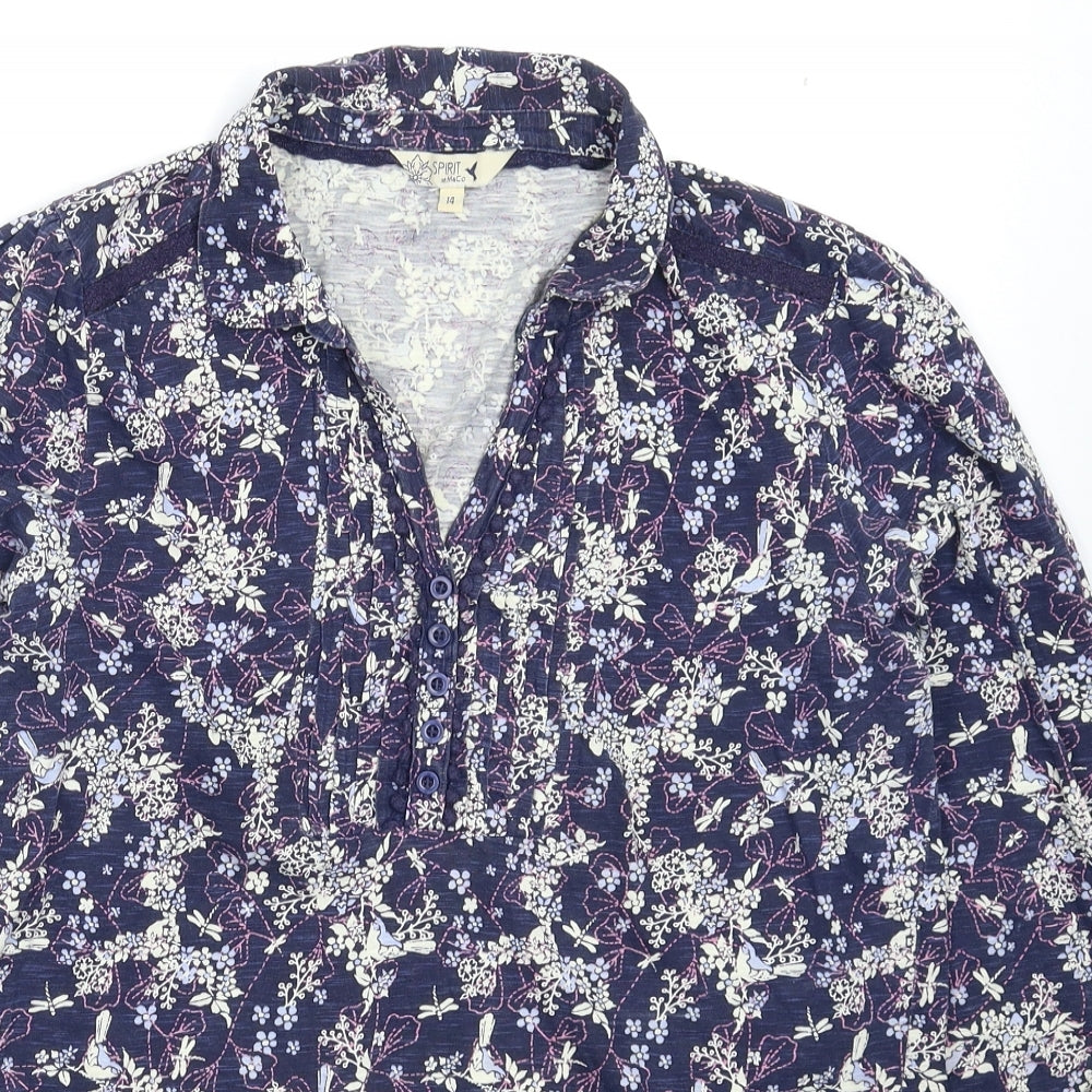 M&Co Womens Blue Floral  Basic Button-Up Size 14
