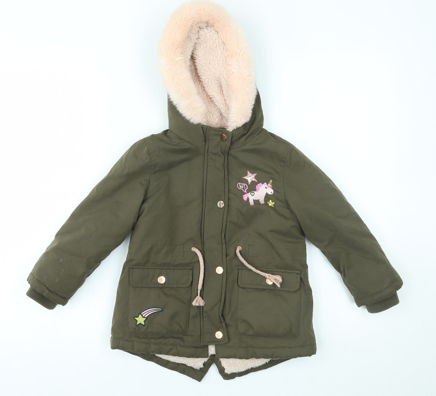 George Girls Green   Parka Coat Size 3-4 Years  - unicorn