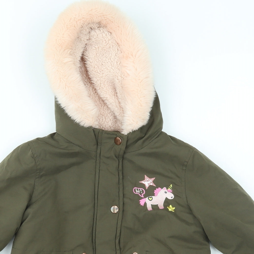 George Girls Green   Parka Coat Size 3-4 Years  - unicorn