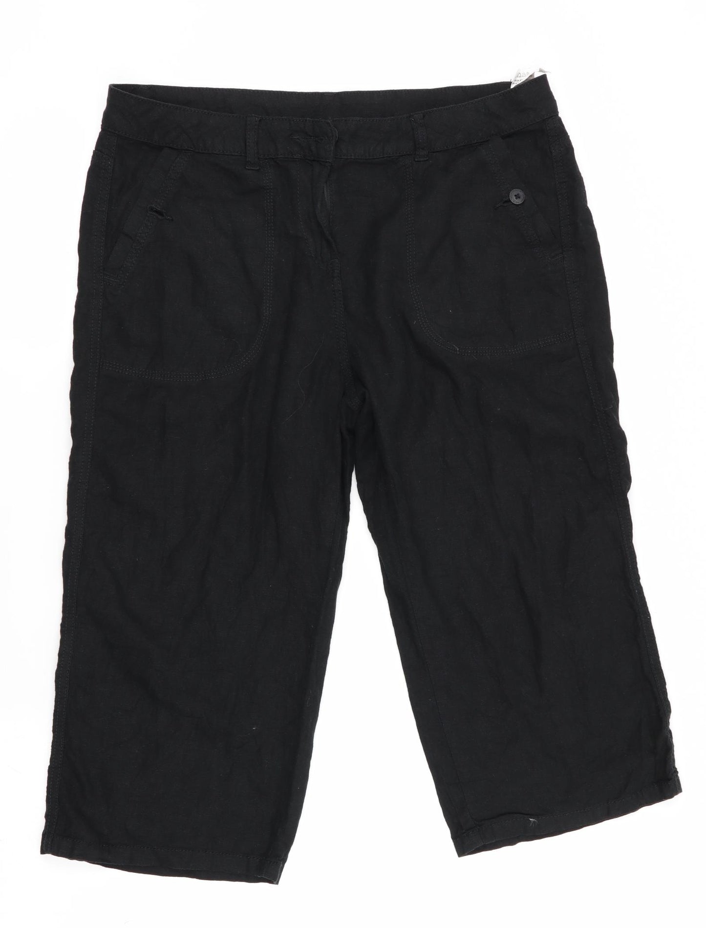 Marks and Spencer Womens Black   Cropped Trousers Size 14 L20 in - Linen Look trousers - wide legged