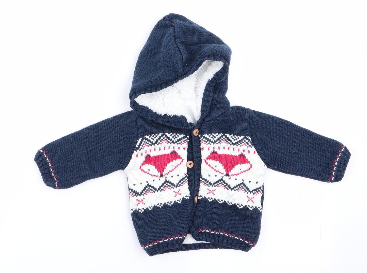 Matalan Boys Blue Animal Print  Cardigan Jumper Size 0-3 Months  - Fleece lined - Hoodie