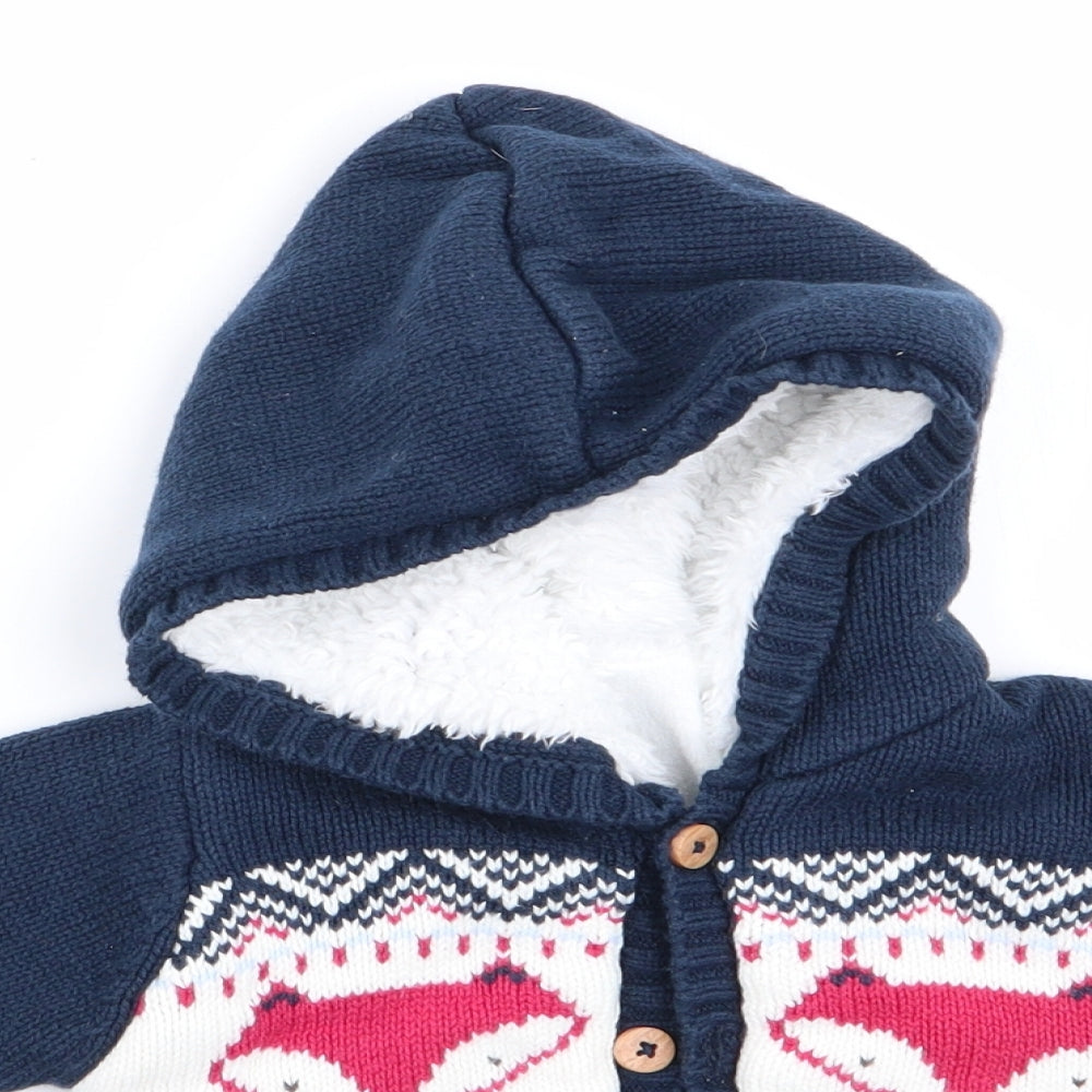 Matalan Boys Blue Animal Print  Cardigan Jumper Size 0-3 Months  - Fleece lined - Hoodie
