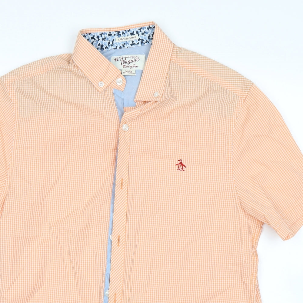 Penguin Mens Orange Check   Button-Up Size M
