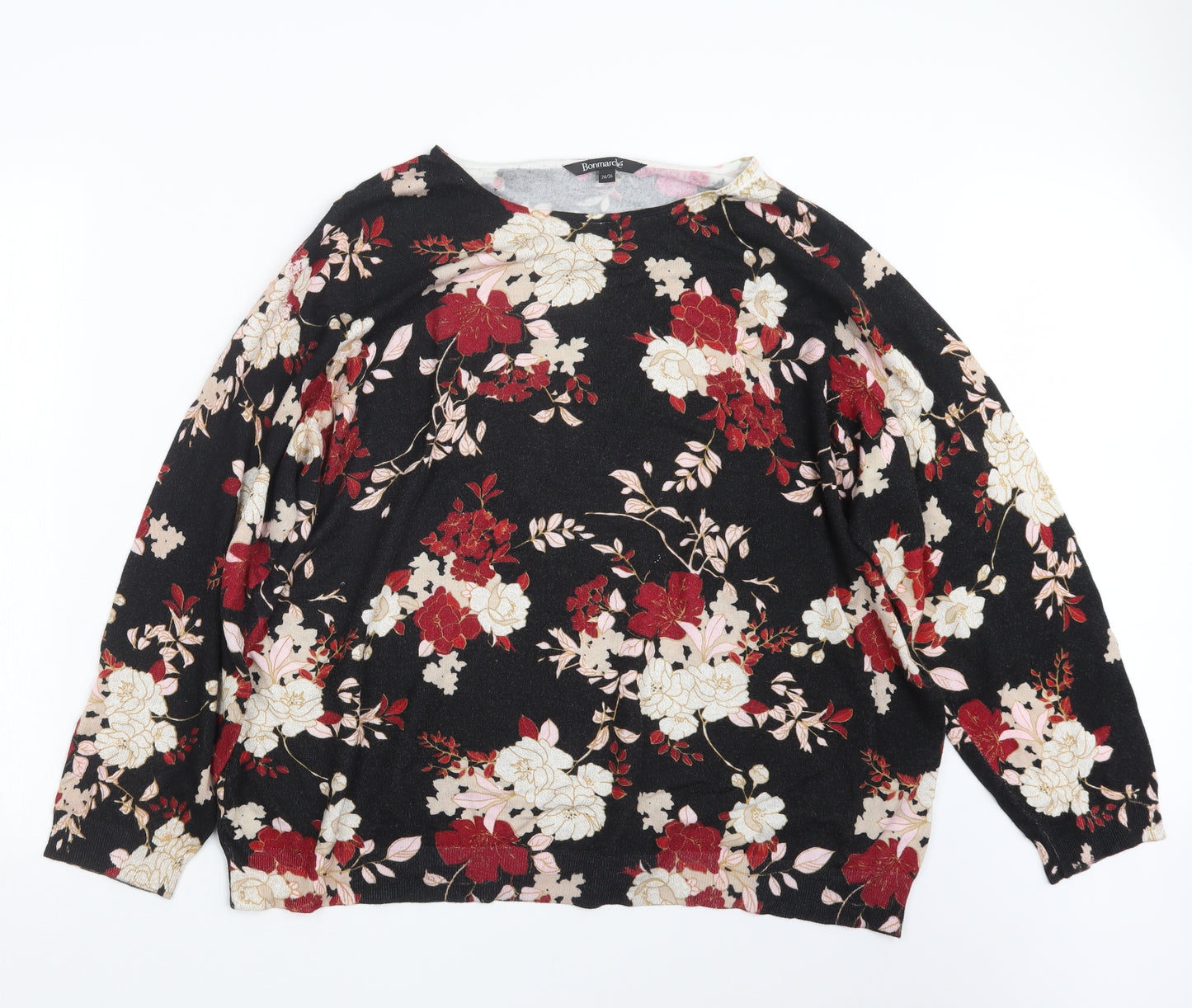 Bonmarché Womens Black Floral Knit Pullover Jumper Size 24
