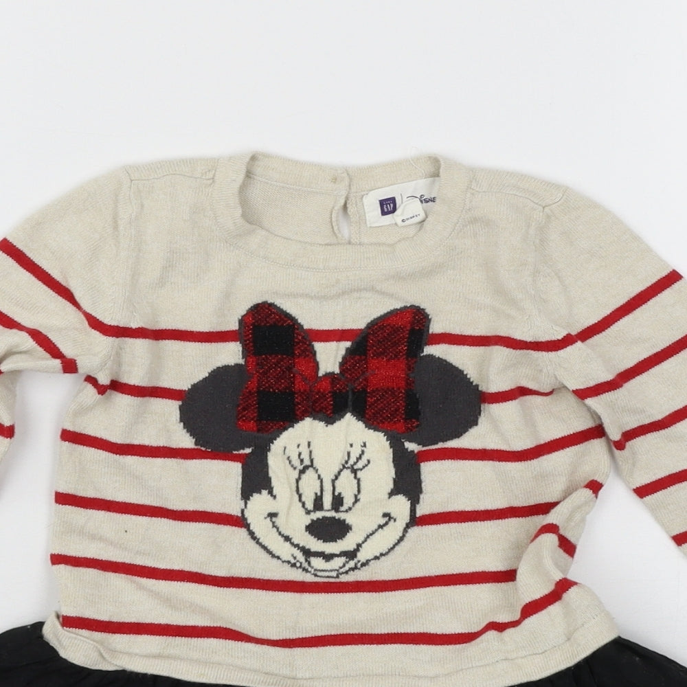 Gap Girls Beige Striped Knit Jumper Dress  Size 3 Years  - Minnie Mouse