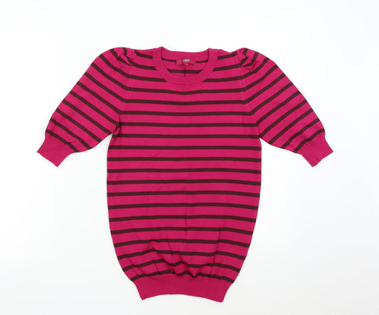 Front view of Next women’s pink striped knit jumper, size UK 8