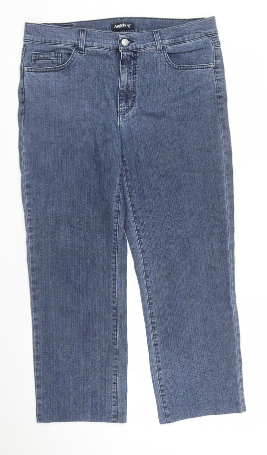 Front view of Angels women’s blue denim capri jeans, size UK 34, in, 24-inch leg