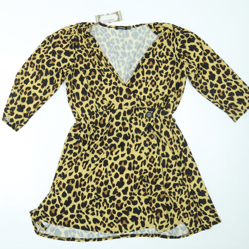 Boohoo Womens Brown Animal Print  Fit & Flare  Size 14