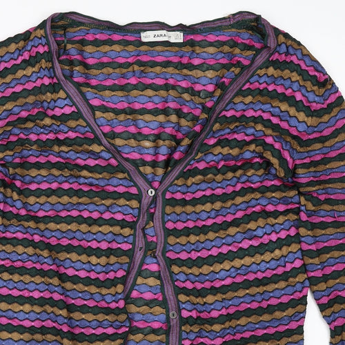 Zara Womens Green Striped  Cardigan Jumper Size S