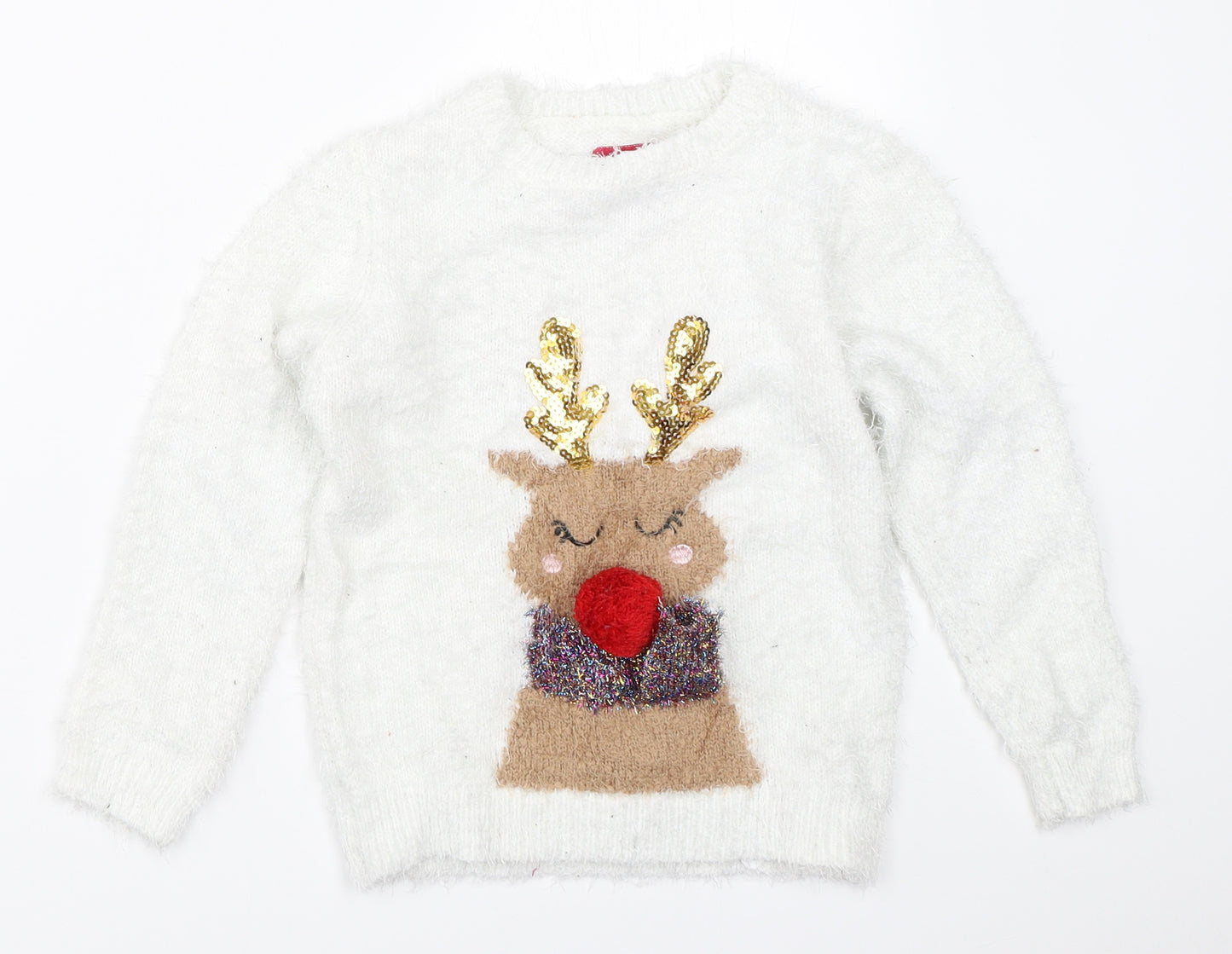 F&F Girls White   Pullover Jumper Size 5-6 Years  - christmas