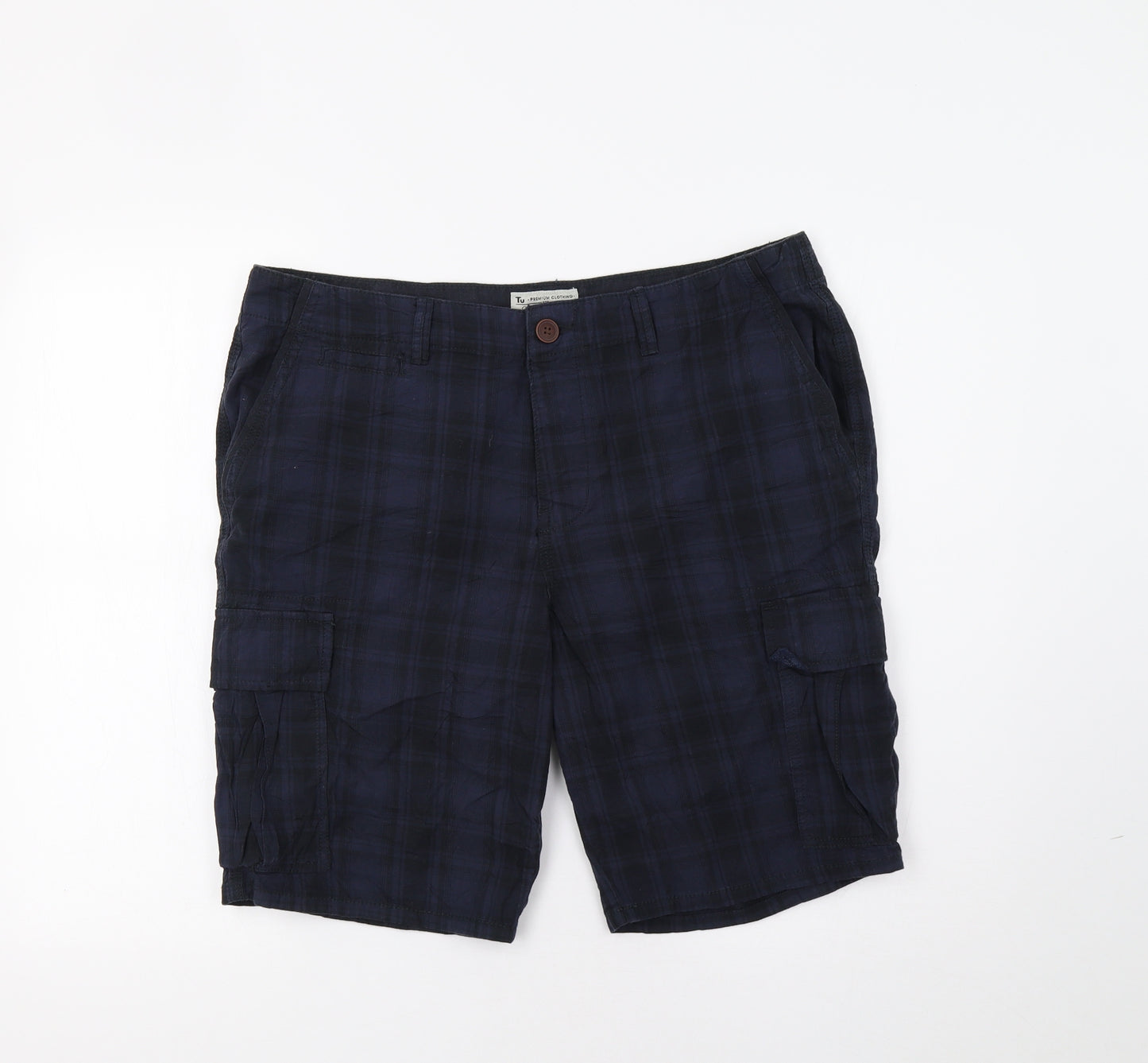 TU Mens Blue Check  Cargo Shorts Size 36
