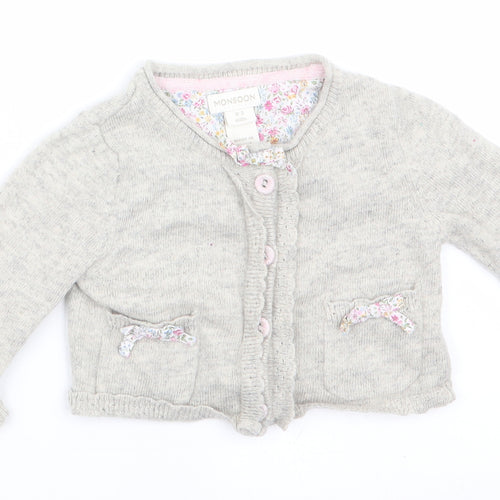 Monsoon Girls Grey Floral  Cardigan Jumper Size 0-3 Months