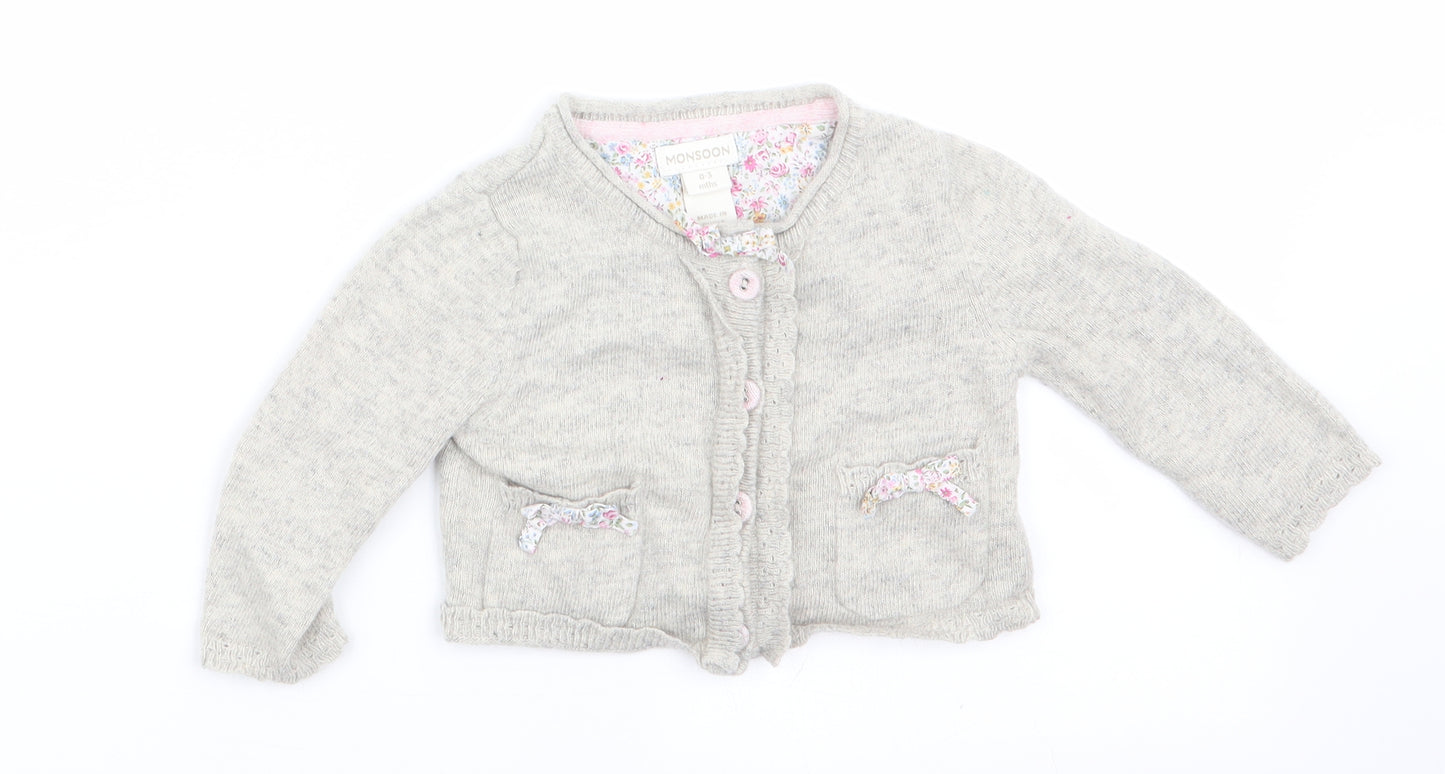 Monsoon Girls Grey Floral  Cardigan Jumper Size 0-3 Months