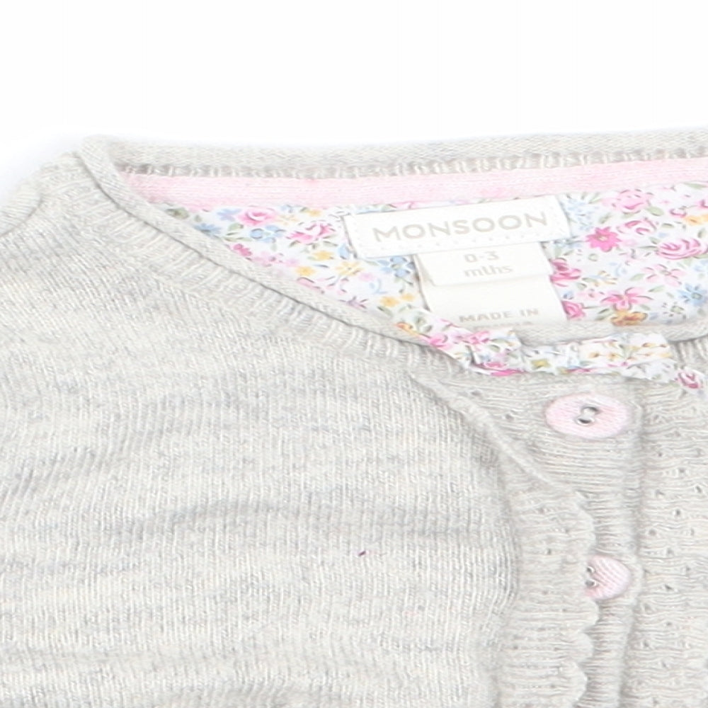 Monsoon Girls Grey Floral  Cardigan Jumper Size 0-3 Months