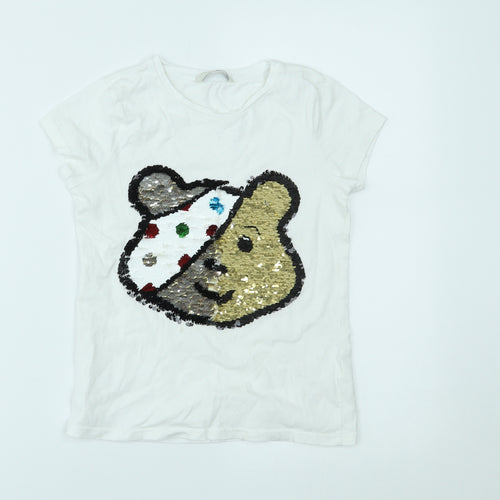 George Girls White   Basic T-Shirt Size 8-9 Years  - pudsey reversible sequins