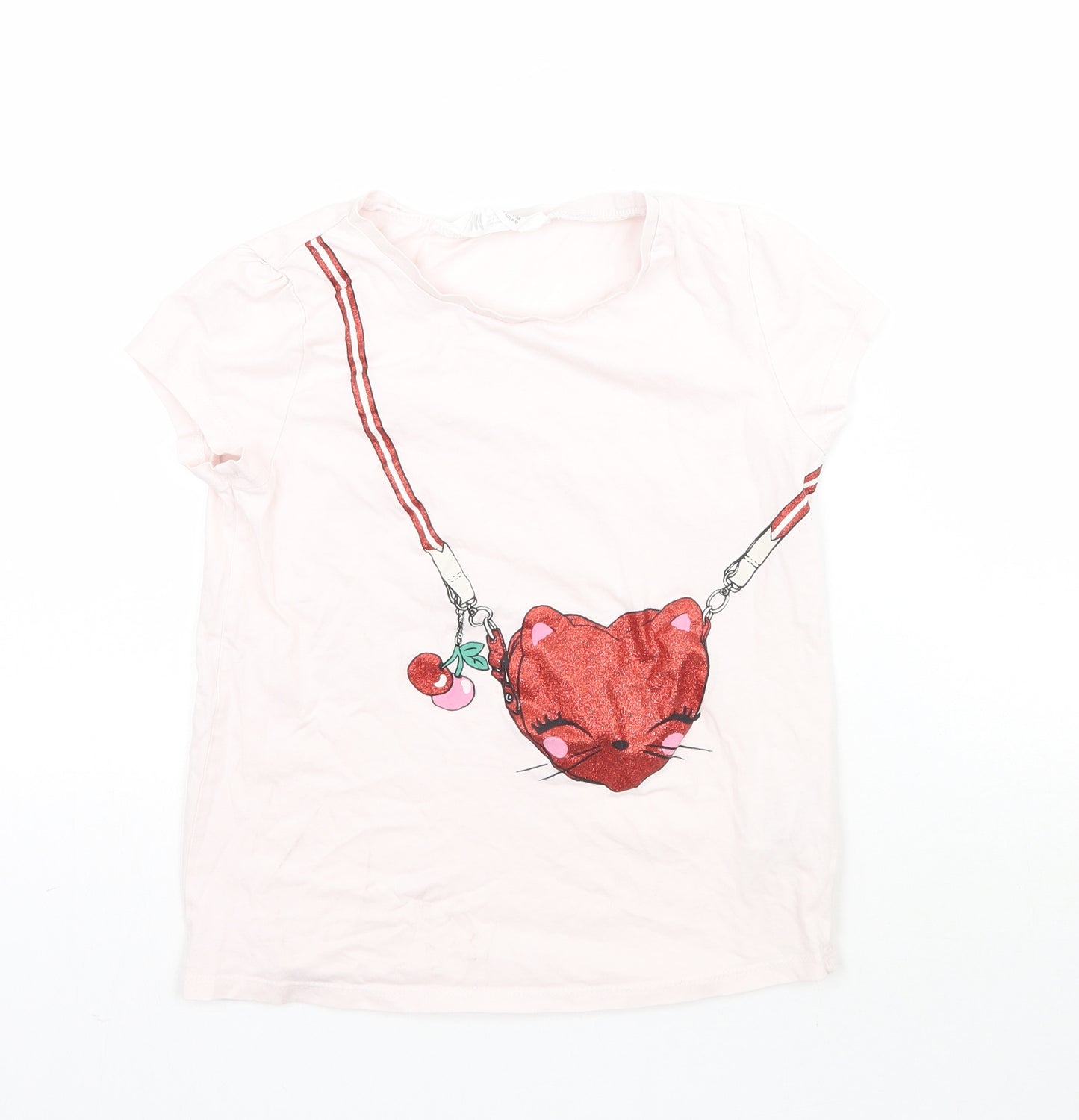 H&M Girls Pink   Basic T-Shirt Size 9-10 Years  - Love heart cat handbag