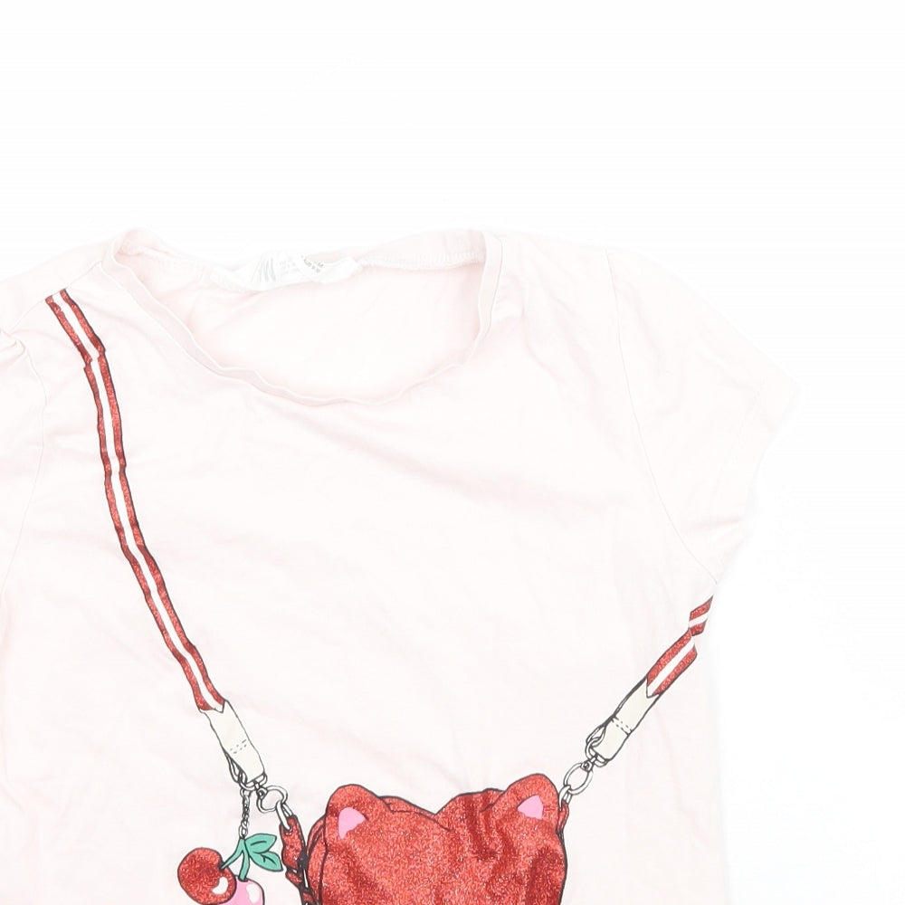 H&M Girls Pink   Basic T-Shirt Size 9-10 Years  - Love heart cat handbag