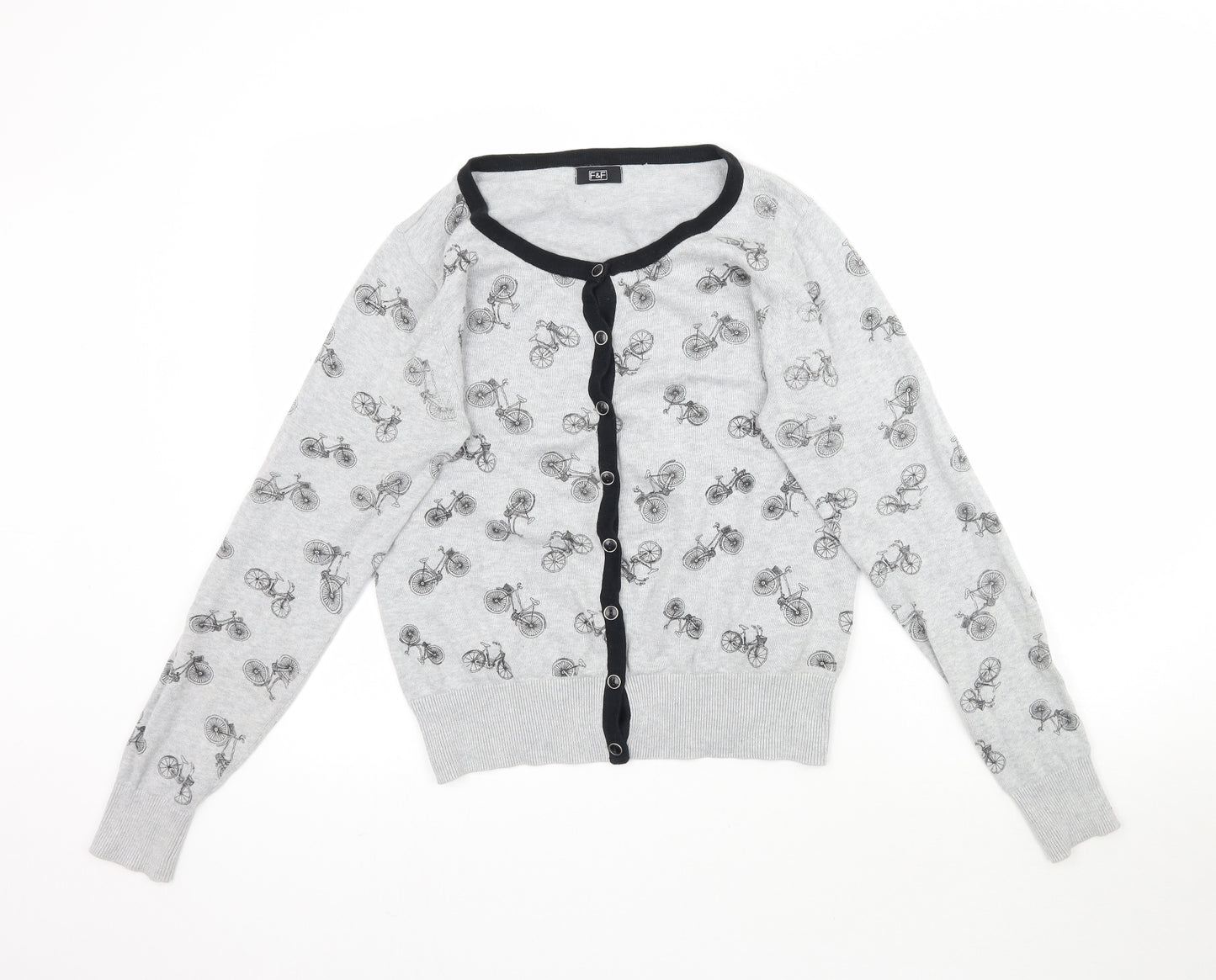 F&F Womens Grey  Knit Cardigan Jumper Size 14  - Bicycle Bike pattern