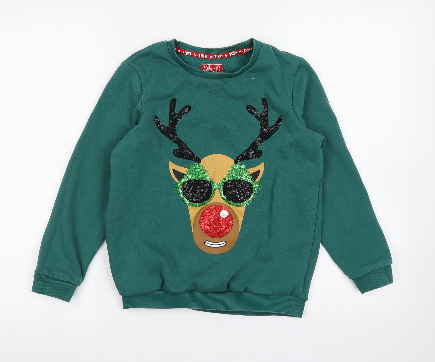 TU Boys Green   Pullover Sweatshirt Size 10 Years  - Christmas Jumper Reindeer