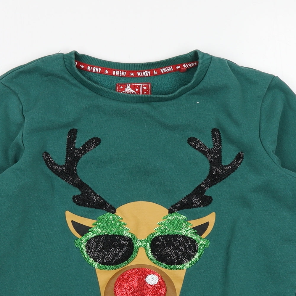 TU Boys Green   Pullover Sweatshirt Size 10 Years  - Christmas Jumper Reindeer