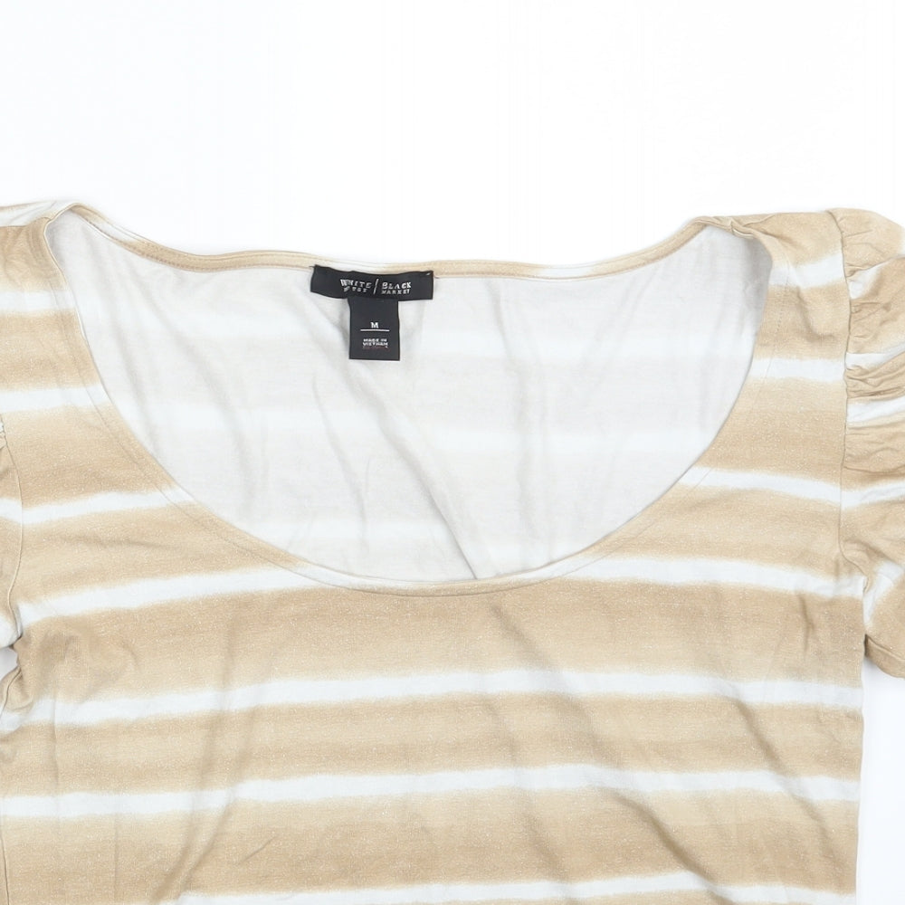 White House Black Market Womens Brown Striped Rayon Basic T-Shirt Size M