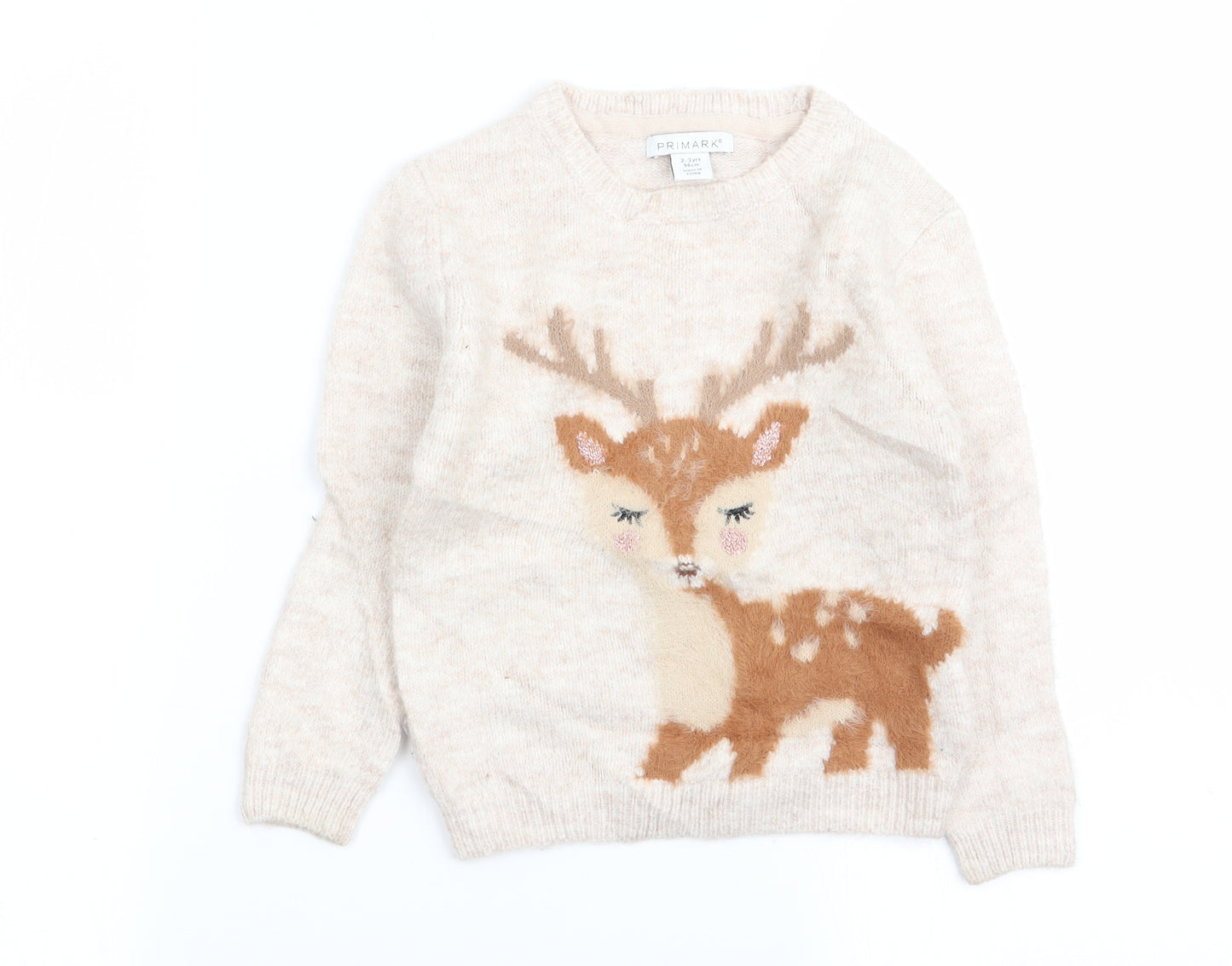 Primark Girls Beige Animal Print  Pullover Jumper Size 2-3 Years