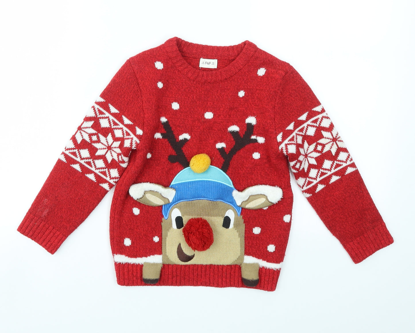 F&F Boys Red Animal Print  Pullover Jumper Size 4-5 Years