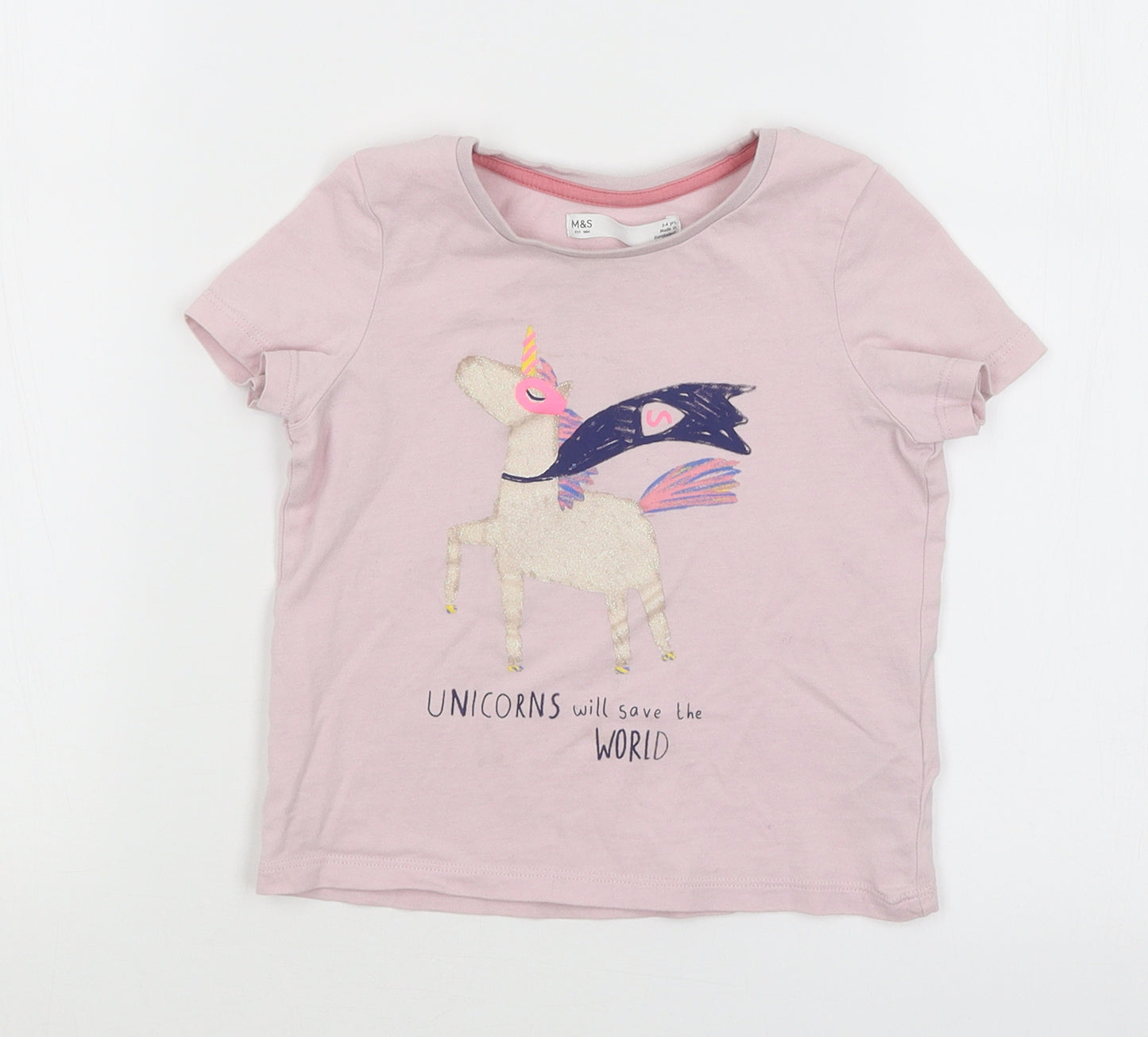 M&S Girls Pink   Basic T-Shirt Size 3-4 Years  - Unicorn