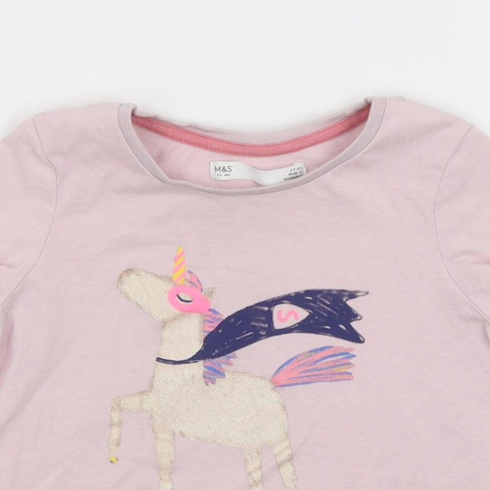 M&S Girls Pink   Basic T-Shirt Size 3-4 Years  - Unicorn