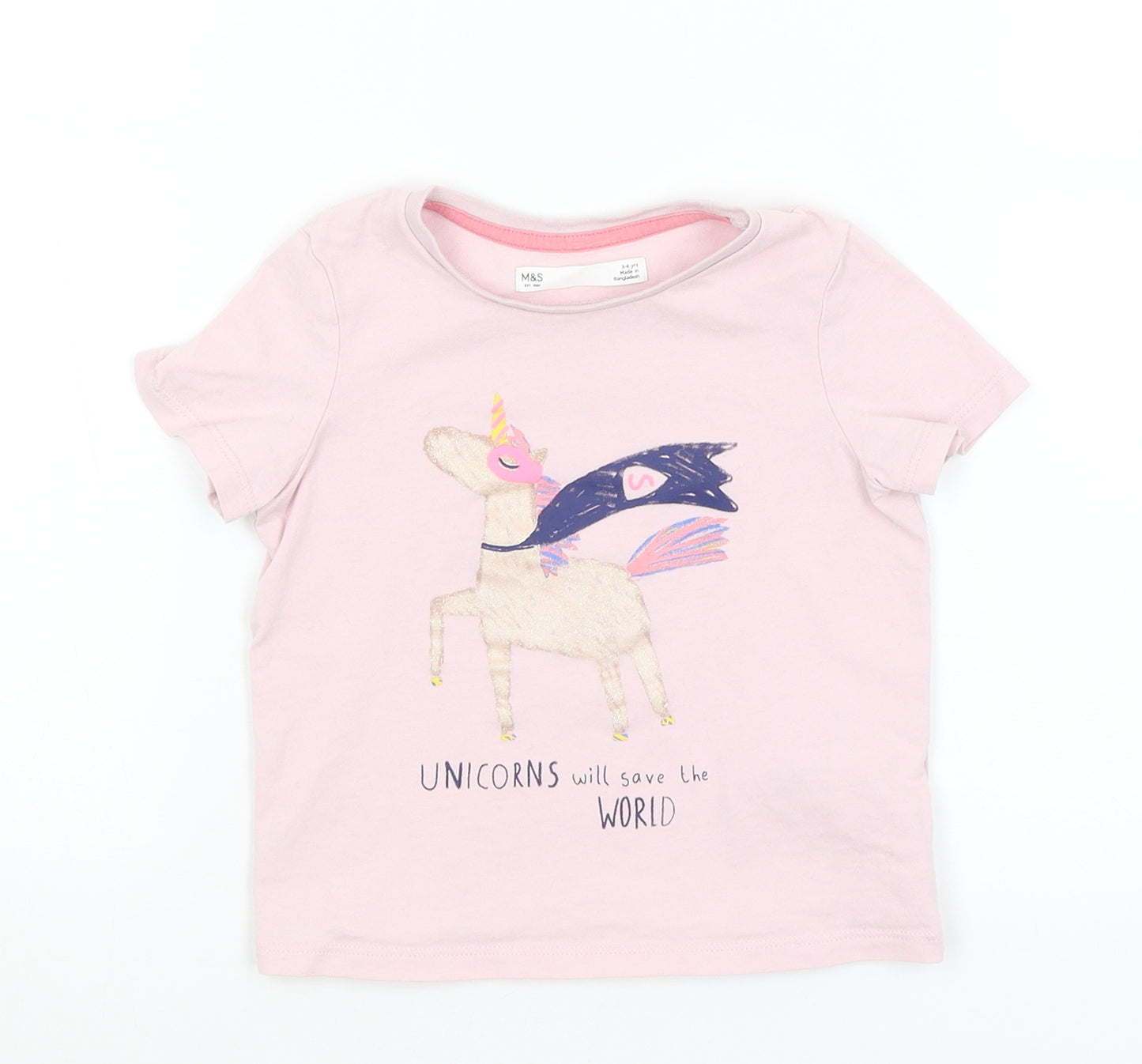 M&S Girls Pink   Basic T-Shirt Size 3-4 Years  - Unicorns Will Save The World