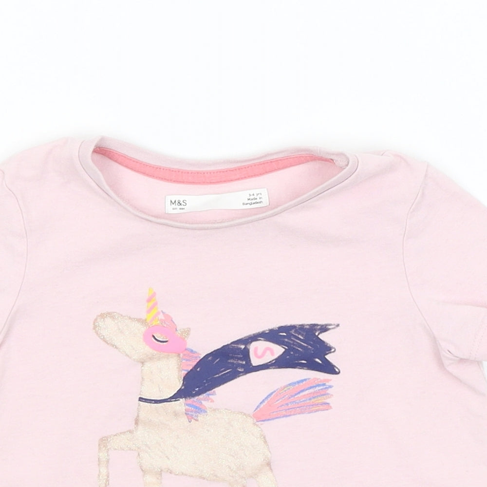 M&S Girls Pink   Basic T-Shirt Size 3-4 Years  - Unicorns Will Save The World