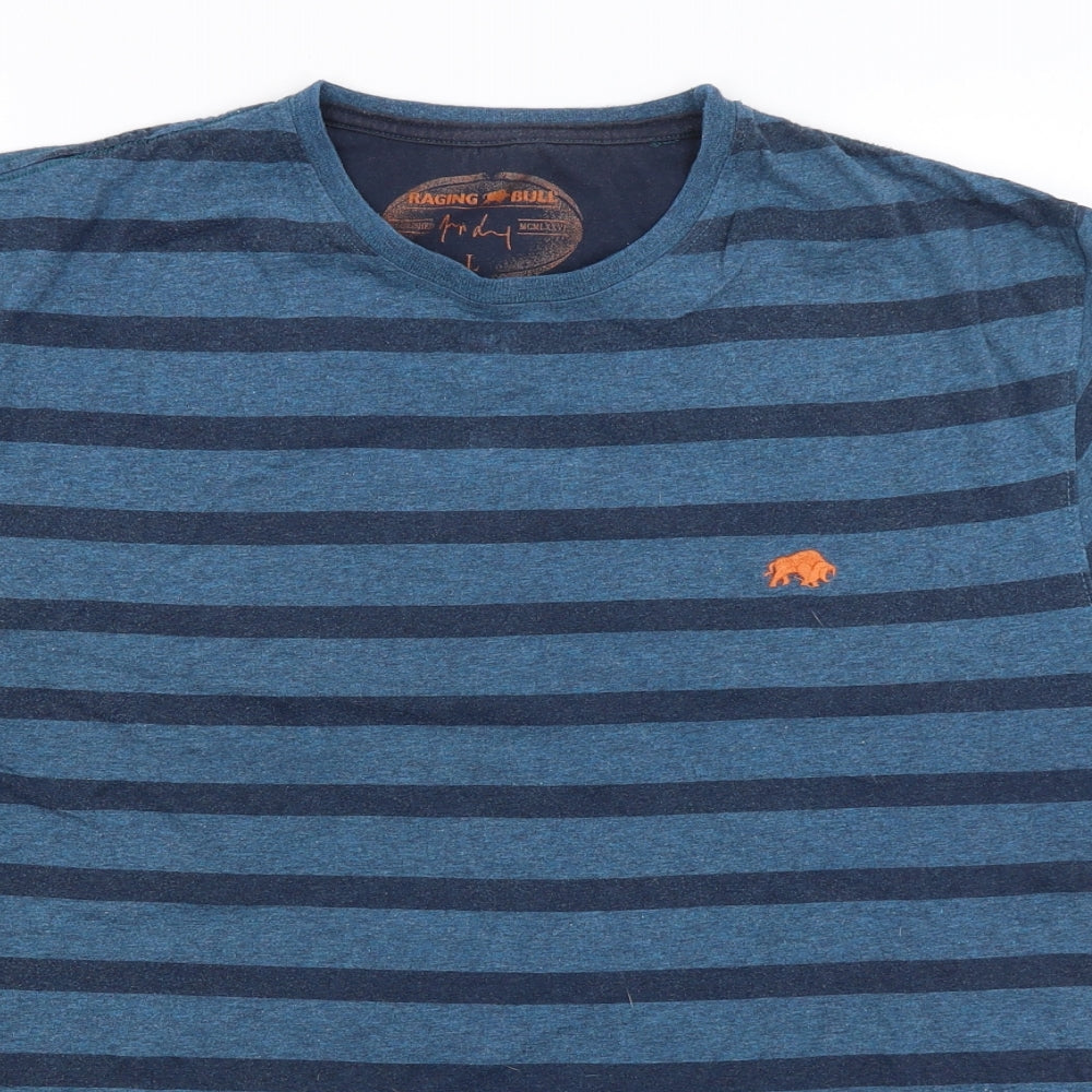 Raging Bull Mens Blue Striped   T-Shirt Size L