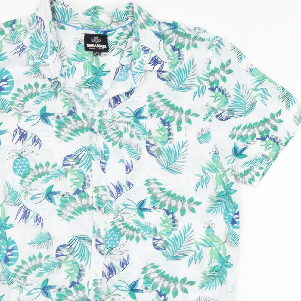THREADABLE Mens White Floral   Button-Up Size L