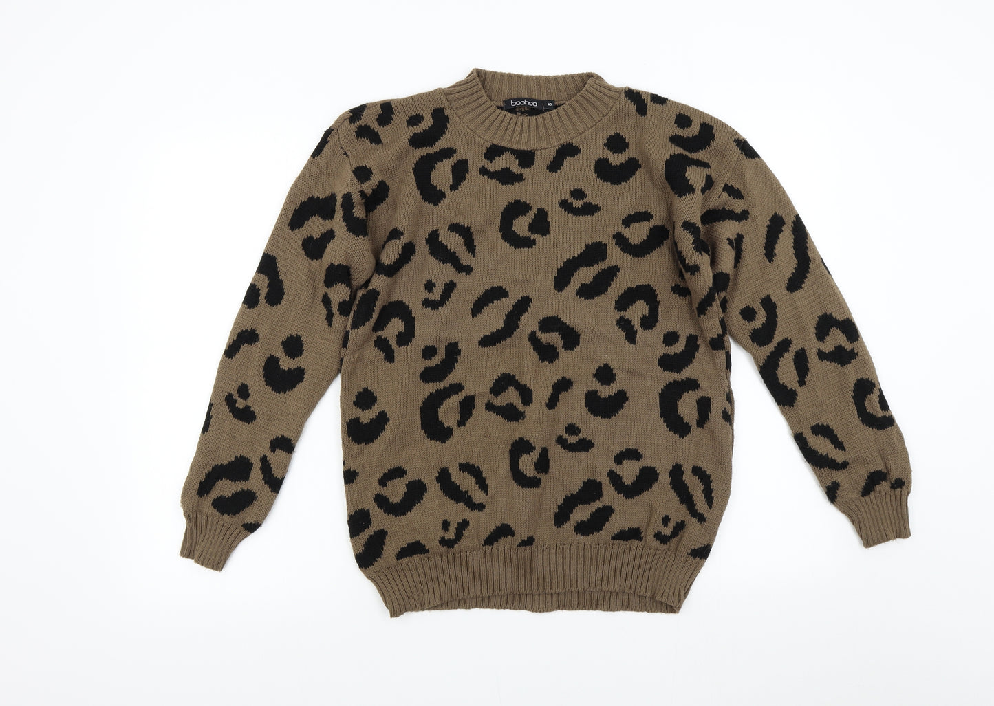 Boohoo Womens Brown Animal Print Knit Pullover Jumper Size S