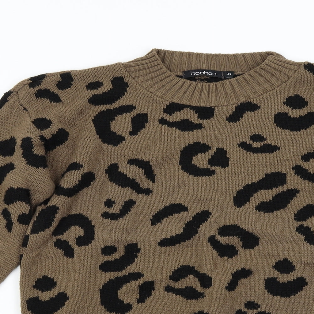 Boohoo Womens Brown Animal Print Knit Pullover Jumper Size S