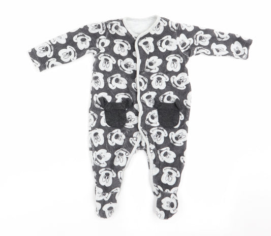 Front view of Disney Baby at George boys’ grey animal print romper one-piece, size 0-3, months - mickey mouse