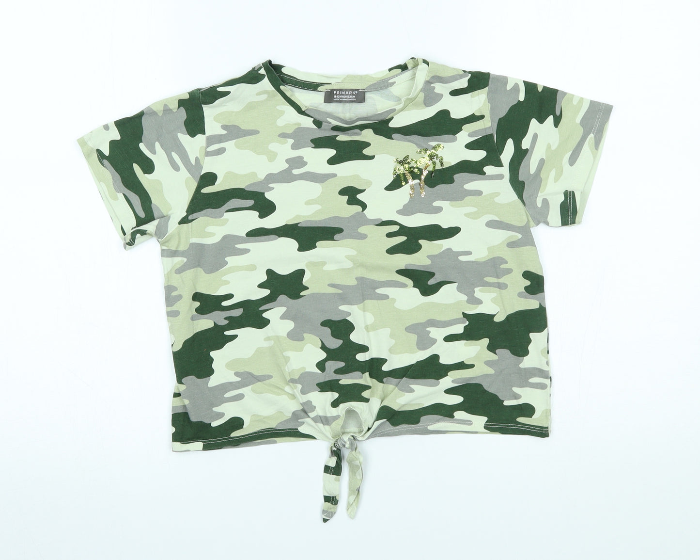 Primark Girls Green Camouflage  Basic T-Shirt Size 11-12 Years