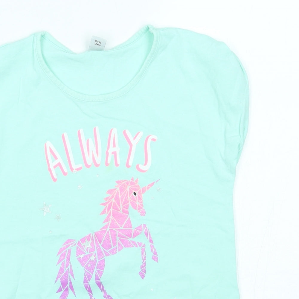 TU Girls Blue   Basic T-Shirt Size 9 Years  - unicorn, always magical