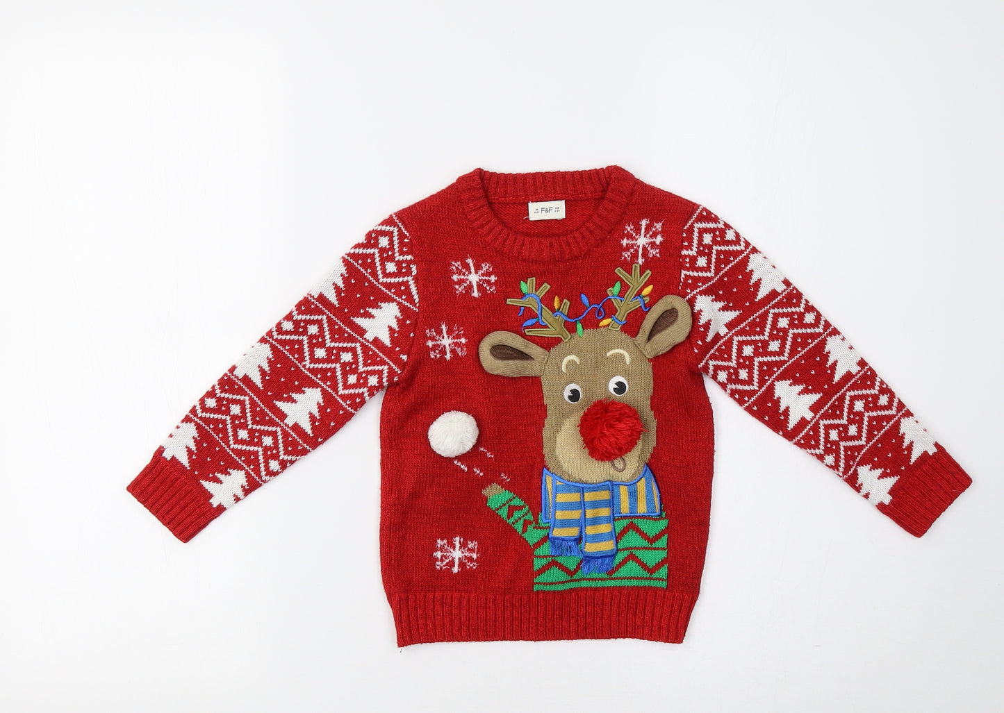 F&F Girls Red Fair Isle  Pullover Jumper Size 2-3 Years  - Rudolph Christmas