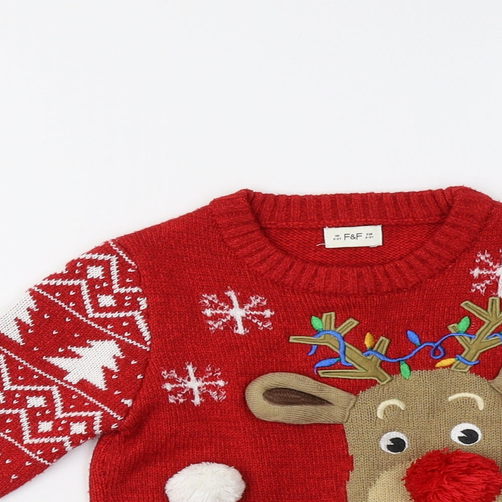 F&F Girls Red Fair Isle  Pullover Jumper Size 2-3 Years  - Rudolph Christmas