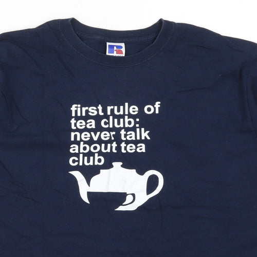 Russell Mens Blue    T-Shirt Size L  - First Rule of Tea Club Never Talk About Tea Club