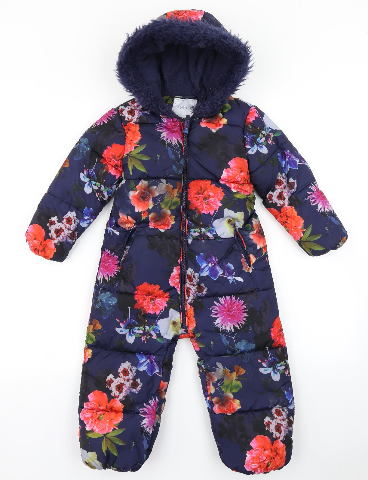 NEXT Girls Blue Floral  Parka Snowsuit Size 2-3 Years  - Fleece Lined