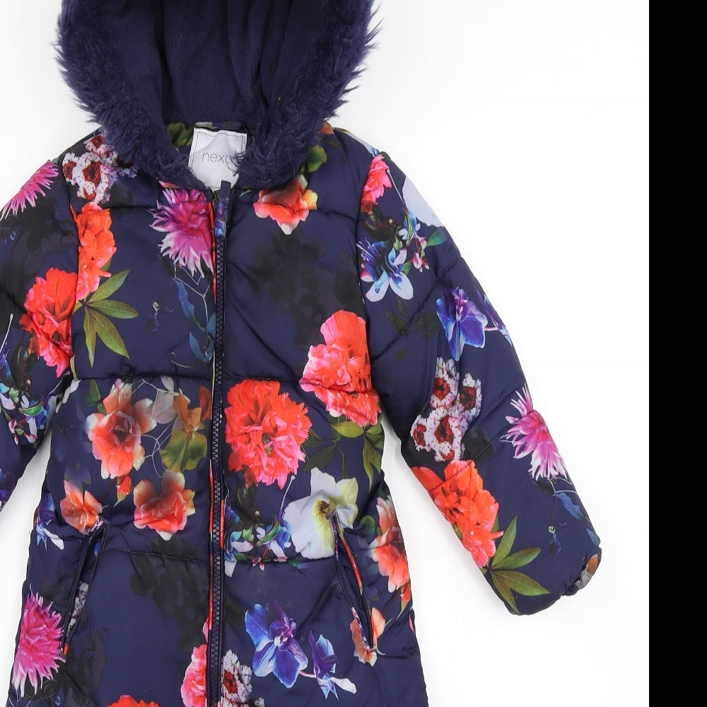 NEXT Girls Blue Floral  Parka Snowsuit Size 2-3 Years  - Fleece Lined