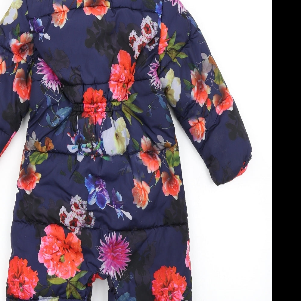 NEXT Girls Blue Floral  Parka Snowsuit Size 2-3 Years  - Fleece Lined