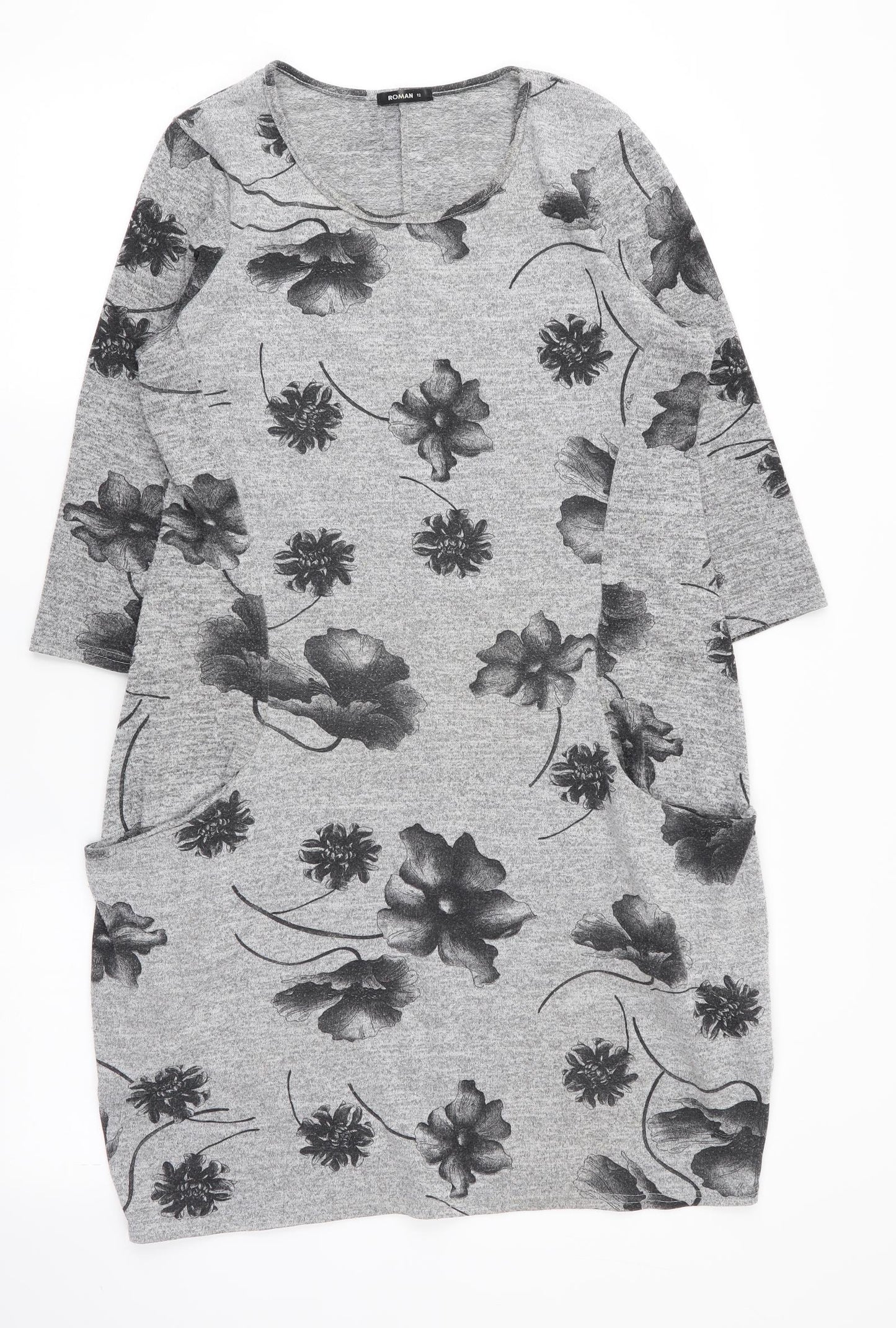 Roman Womens Grey Floral  Fit & Flare  Size 12