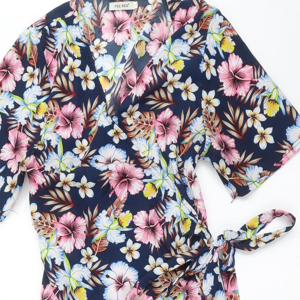 Fee Red Womens Blue Floral  Wrap Dress  Size S